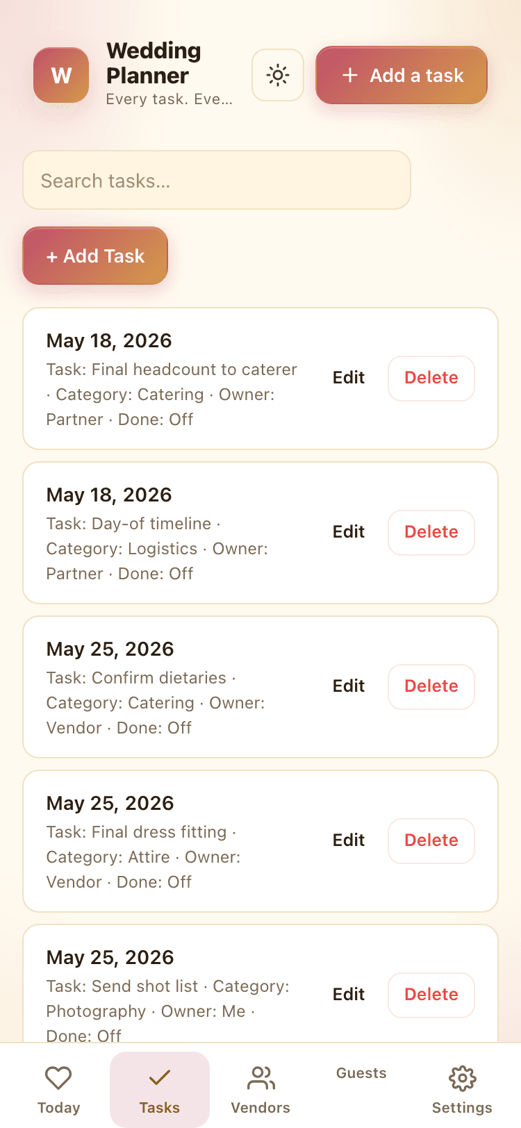 Tasks screen