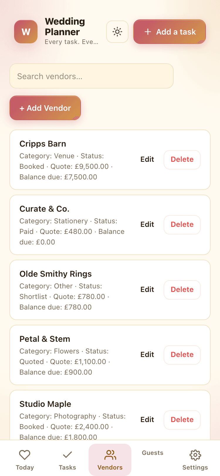 Vendors screen