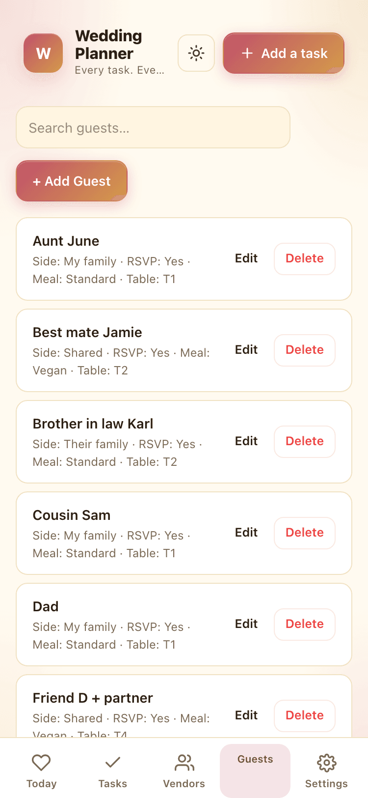 Guests screen