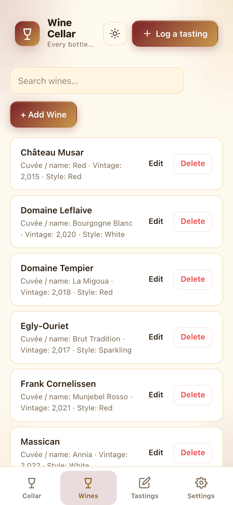 Wines screen