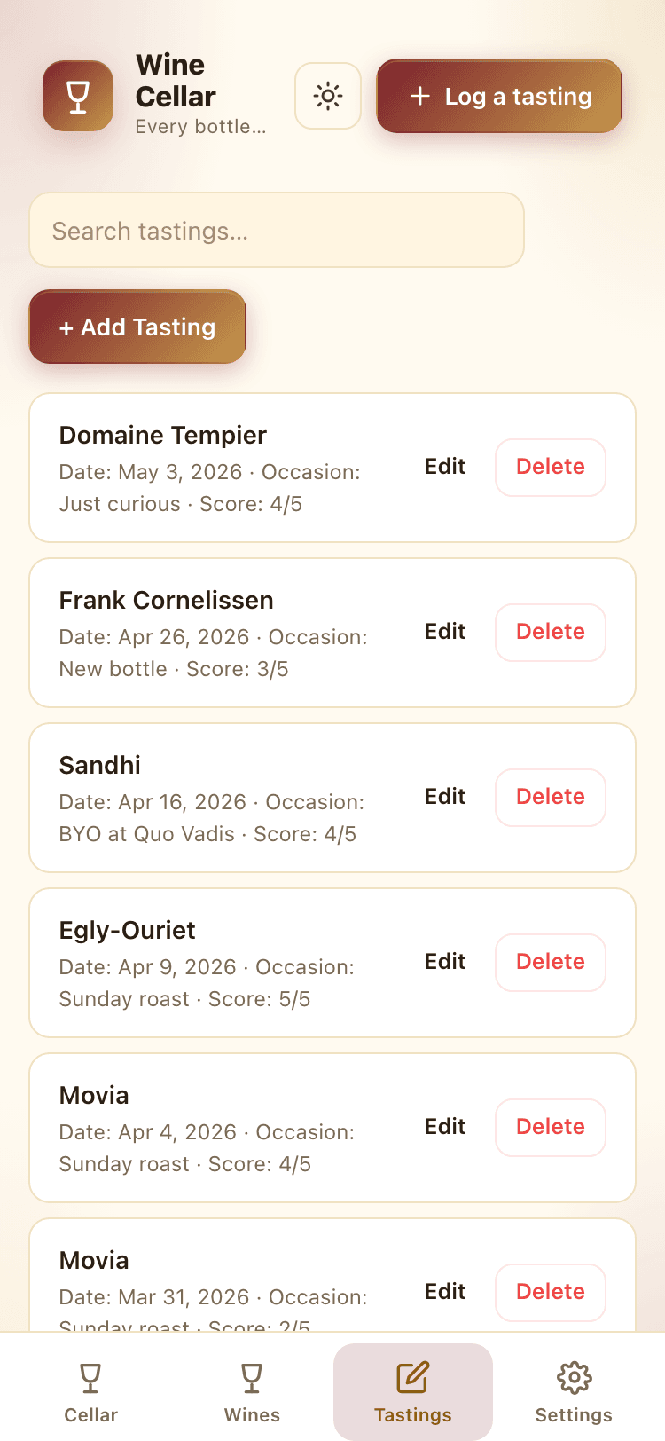 Tastings screen