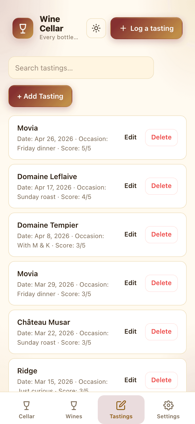 Tastings screen