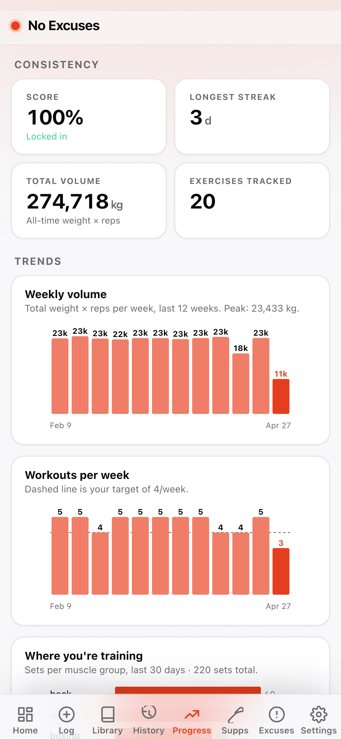 No Excuses progress dashboard showing 274,718 kg total volume and 100% consistency score