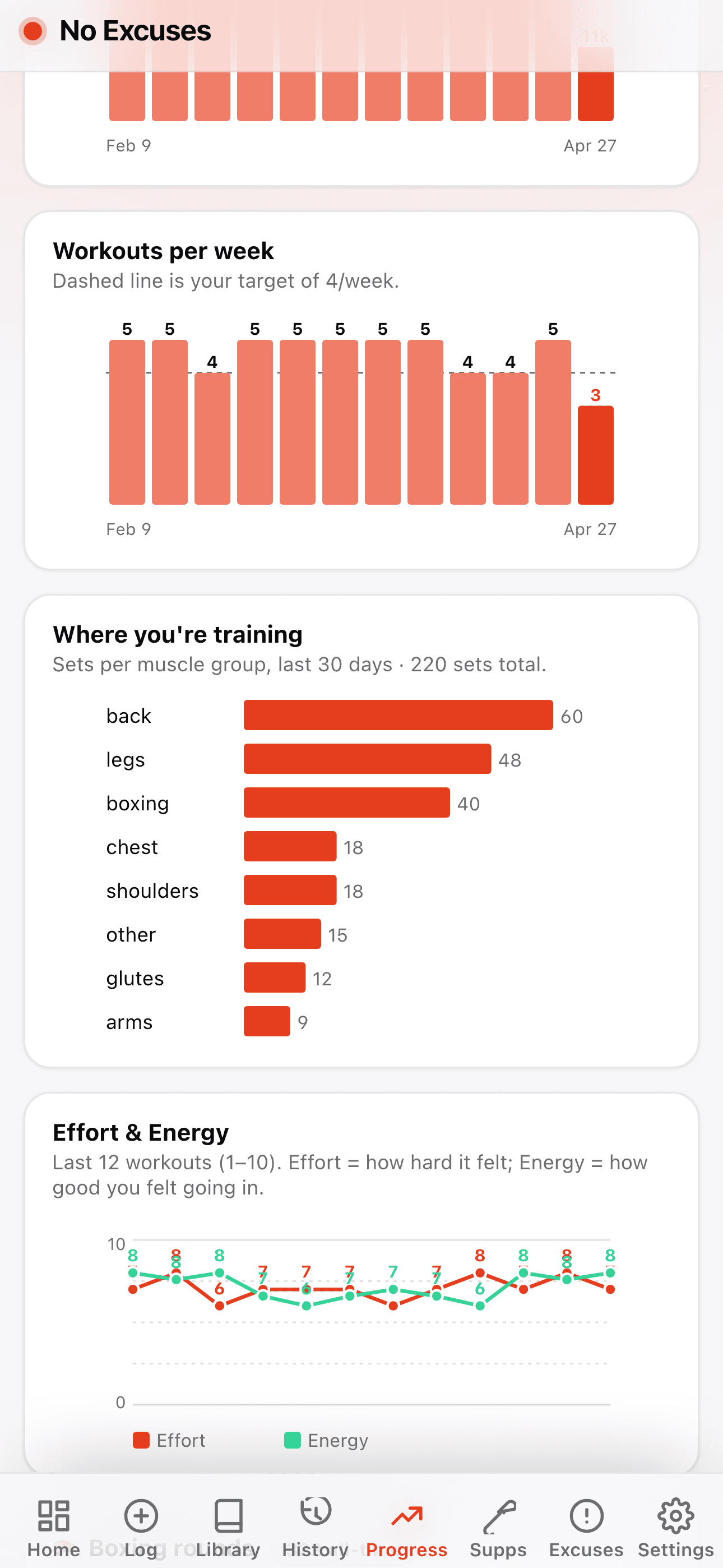 Progress charts: weekly volume, workouts per week, sets per muscle group