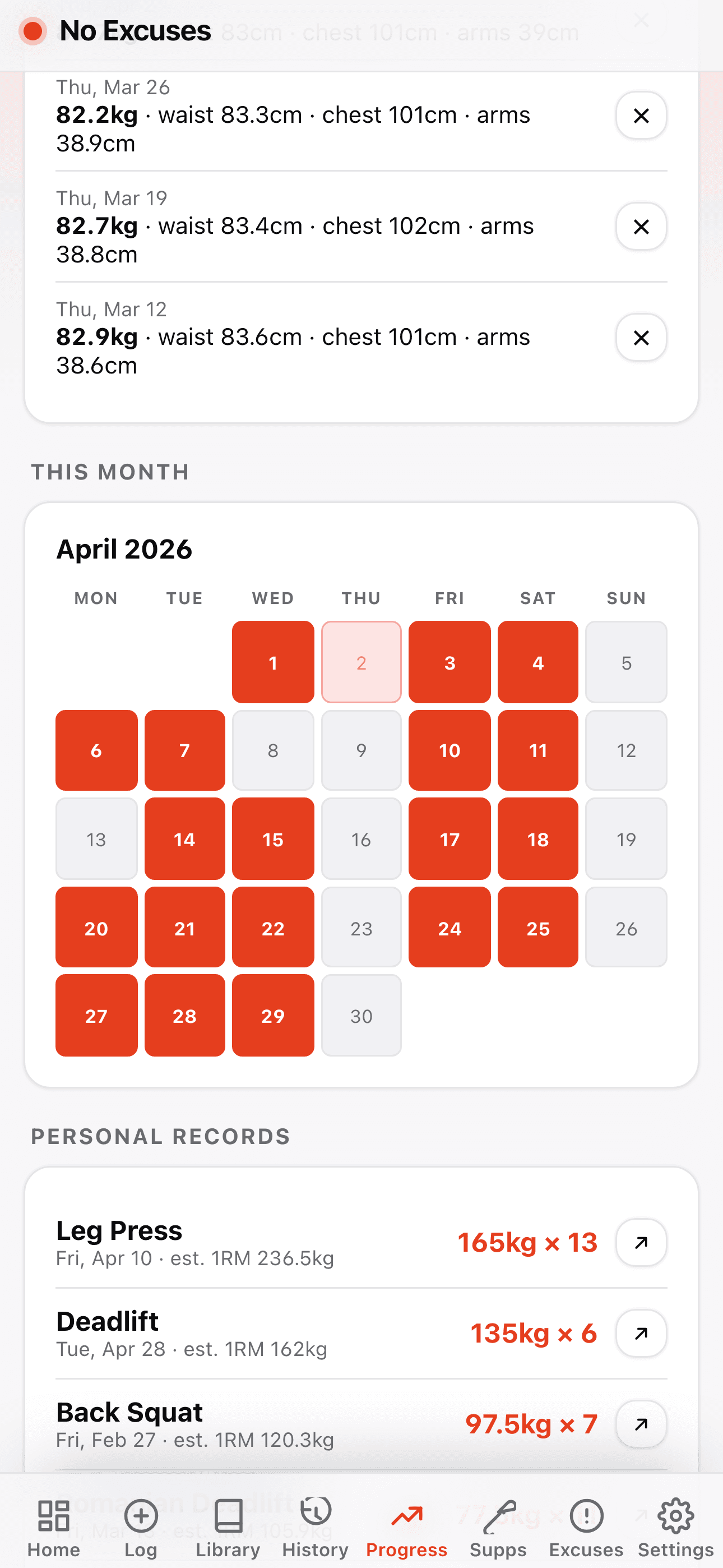 April calendar with workout days marked, plus a list of personal records