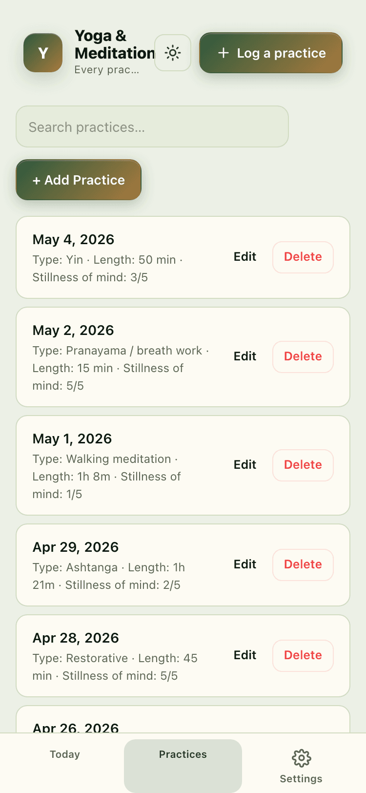 Practices screen